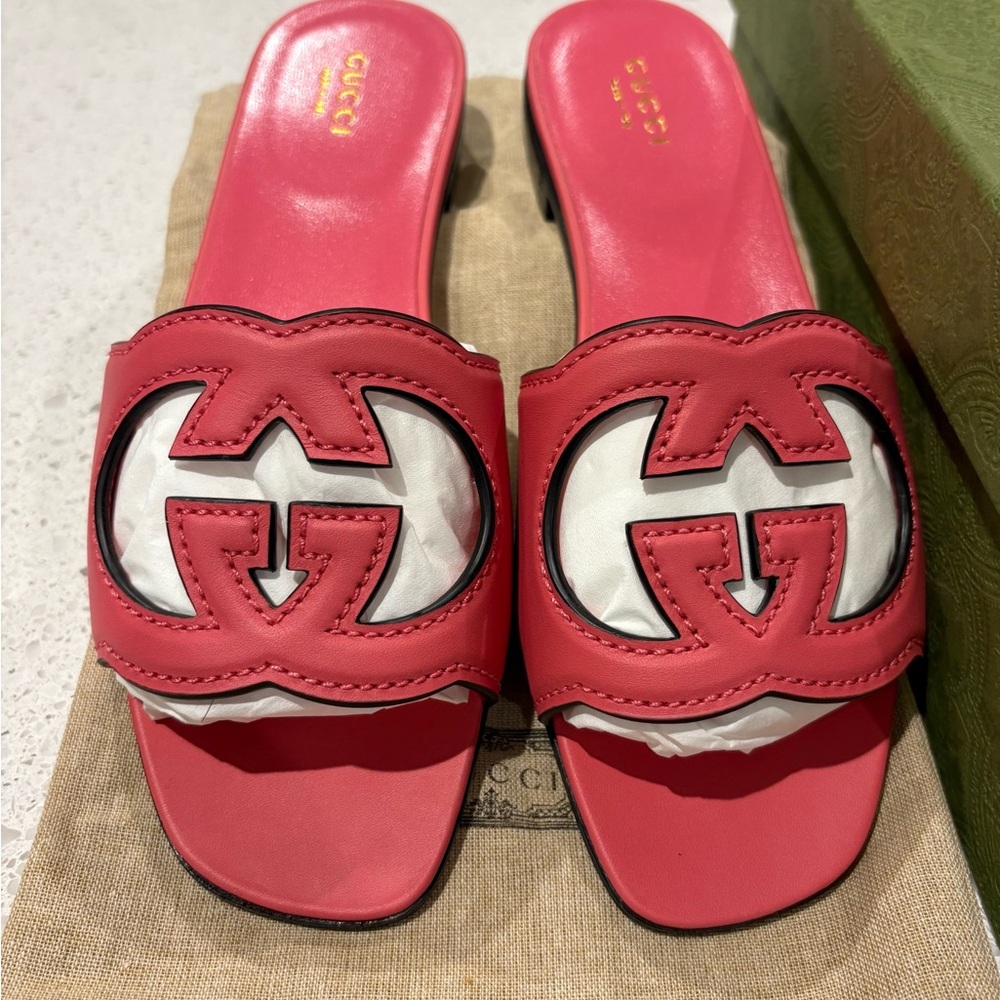Gucci Coral Red Leather Interlocking G Slide Mules